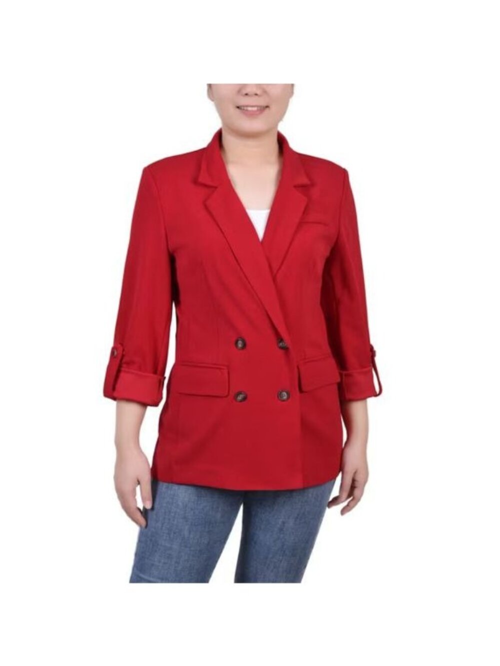NY Collection Womens Petite Double Breasted Crepe Jacket Jester Red Size PM NWT